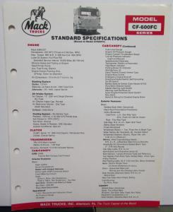 1985 Mack Trucks Model CF-600FC Diagram Dimensions Specification Sheet Original