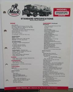 1985 Mack Trucks Model CF600FAPS Diagrams Dimensions Sales Brochure Original