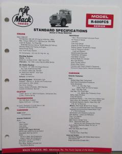 1985 Mack Trucks Model R 600FCS Diagrams Dimensions Sales Brochure Original
