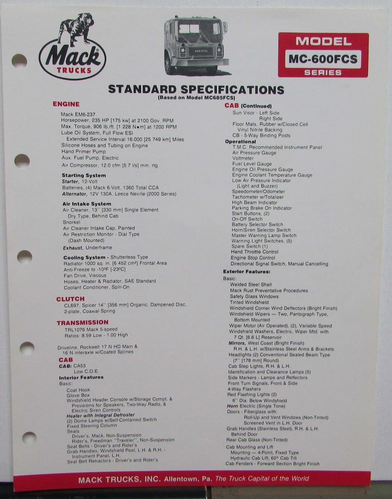 1985 Mack Trucks Model MC 600FCS Diagrams Dimensions Sales Brochure Original