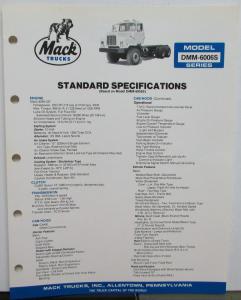 1985 Mack Trucks Model DMM 6006S Diagrams Dimensions Sales Brochure Original