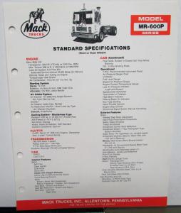 1986 Mack Trucks Model MR 600P Diagrams Dimensions Specifications Sheet Original