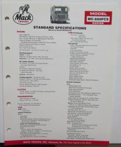 1986 Mack Trucks Model MC 600FCS Diagram Dimensions Specification Sheet Original