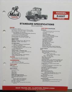 1987 Mack Trucks Model R 600T Diagrams Dimensions Specifications Sheet Original