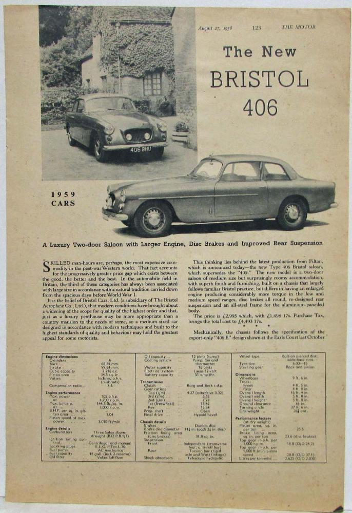 1959 Bristol 406 Reprint Article from The Motor August 27 1958