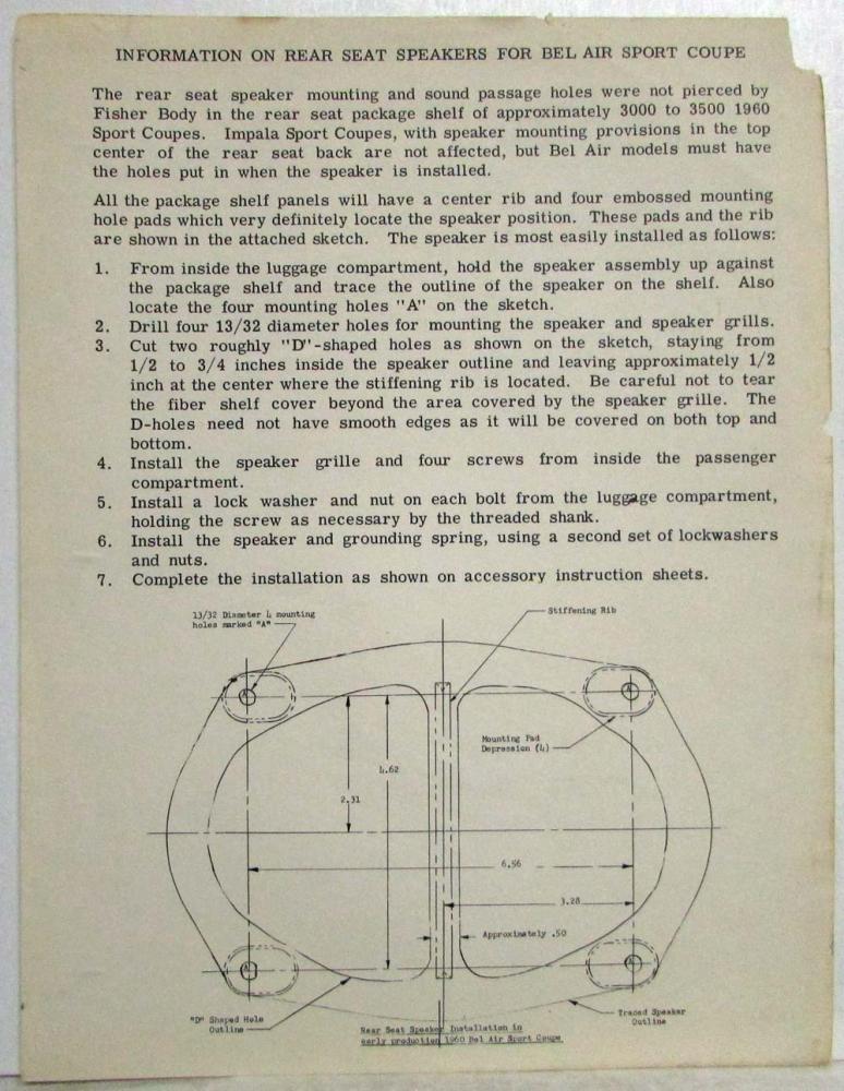 1960 Chevrolet Belair Sport Coupe Information Sheet on Rear Speakers
