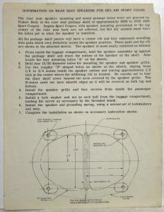 1960 Chevrolet Belair Sport Coupe Information Sheet on Rear Speakers