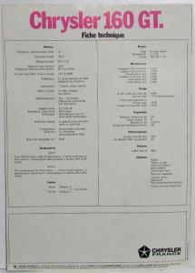 1970-1975 Chrysler 160GT Sales Folder - French Text