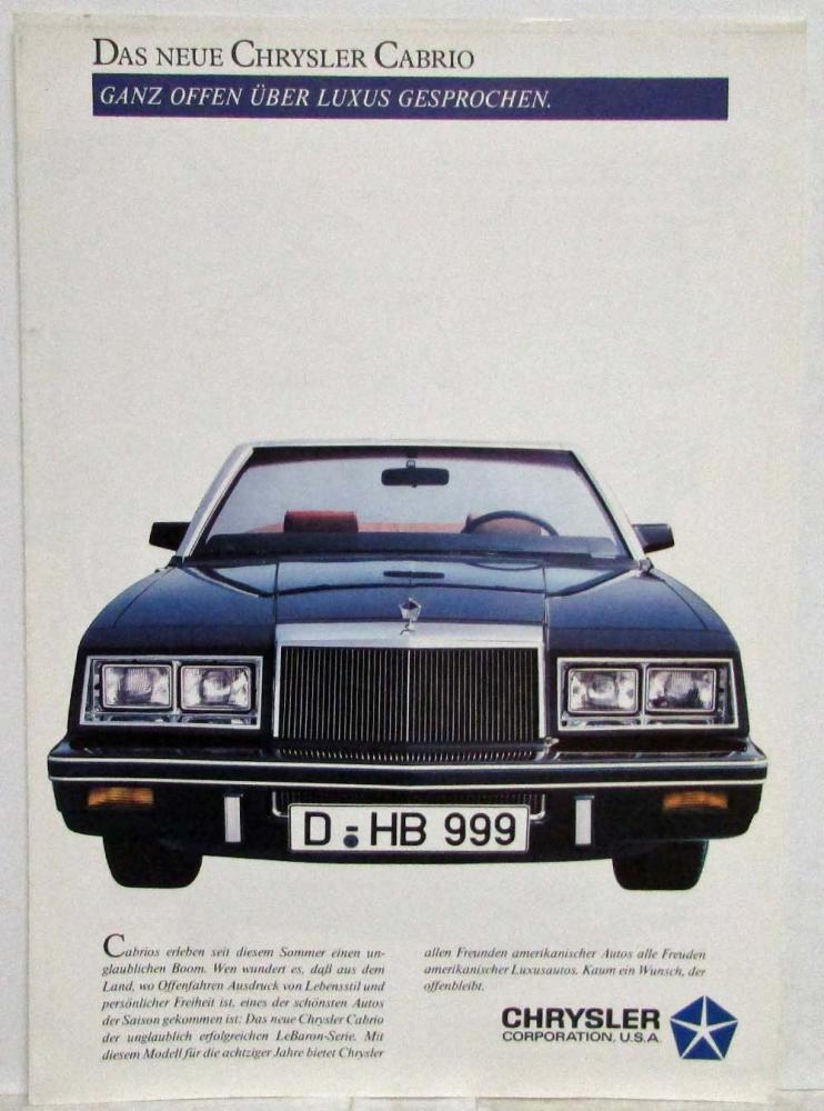 1988-1993 Chrysler Cabrio Sales Folder - German Text
