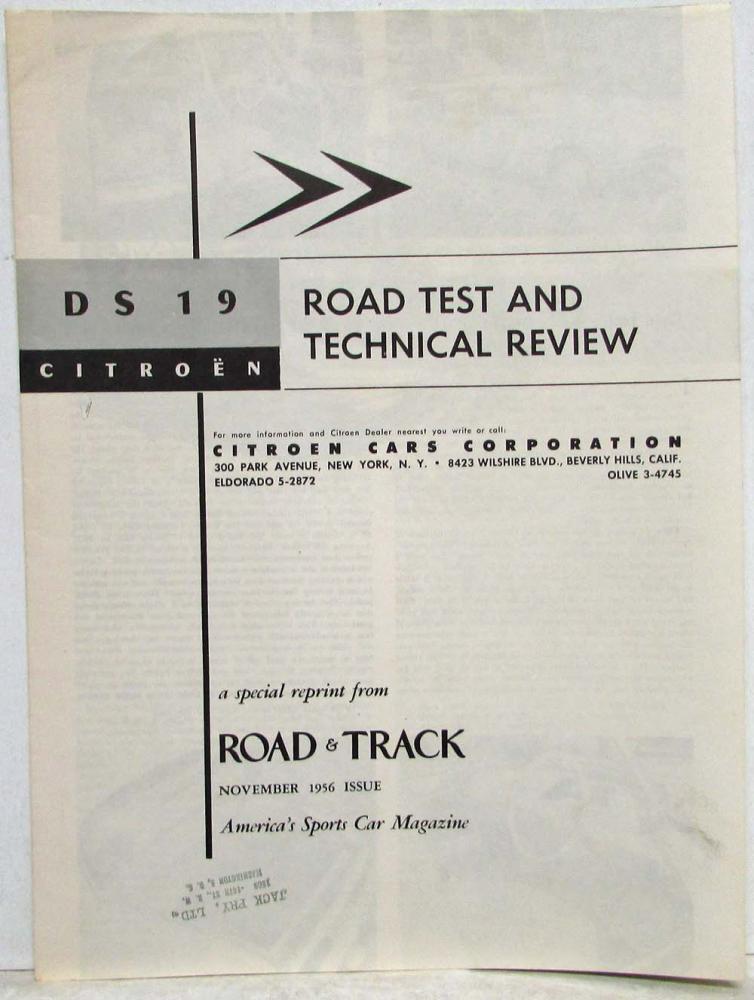 1957 Citroen DS 19 Reprint of Road & Track Road Test and Technical Review
