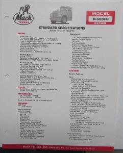 1987 Mack Trucks Model R 600FC Standard Specifications Sheet Original