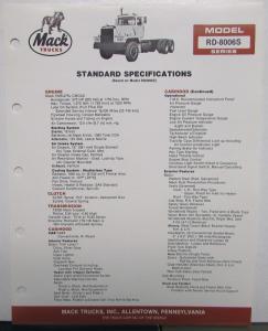 1987 Mack Trucks Model RD 8006S Standard Specifications Sheet Original