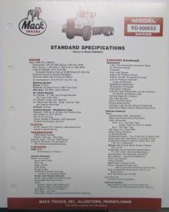 1987 Mack Trucks Model RD 8006SX Standard Specifications Sheet Original