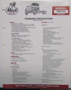 1987 Mack Trucks Model RW703 Standard Specifications Sheet Original