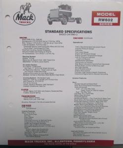 1987 Mack Model RW602 Standard Specifications Sheet Original