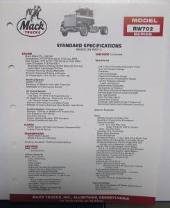 1987 Mack Trucks Model RW702 Standard Specifications Sheet Original