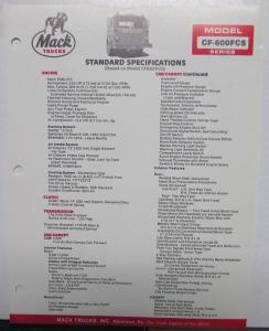 1987 Mack Trucks Model CF 600FCS Standard Specifications Sheet Original