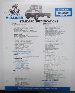 1987 Mack Trucks Model CS 300T Standard Specifications Sheet Original