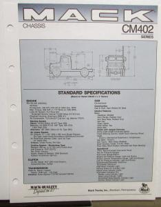 1989 Mack Truck Model CM 402 Specifications Sheet Original