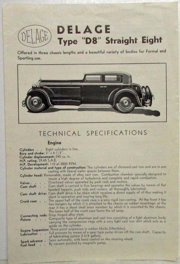 1931-1932 Delage Type D8 Straight Eight Spec Sheet