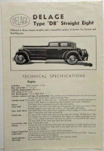 1931-1932 Delage Type D8 Straight Eight Spec Sheet