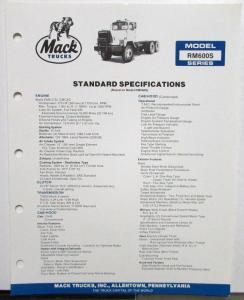1988 Mack Trucks Model RM600S Series Standard Specifications Sheet Original