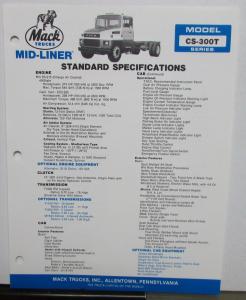 1988 Mack Trucks Model CS 300T Standard Specifications Sheet Original