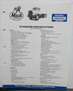 1988 Mack Trucks Model RM6006SX Standard Specifications Sheet Original