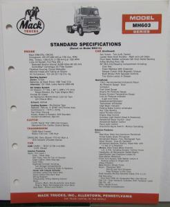 1988 Mack Trucks Model MH603 Series Standard Specifications Original