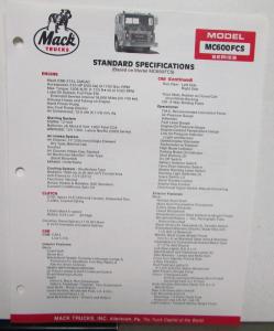 1988 Mack Trucks Model MC600FCS Series Standard Specifications Sheet Original