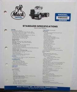 1988 Mack Trucks Model RM6006S Series Standard Specifications Sheet Original