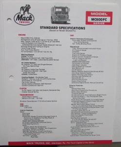 1988 Mack Trucks Model MC600FC Series Standard Specifications Sheet Original