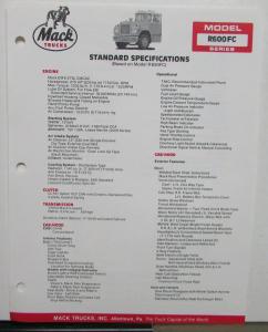 1988 Mack Trucks Model R600FC Series Standard Specifications Sheet Original