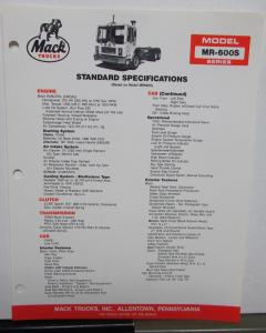 1988 Mack Trucks Model MR 600S Series Standard Specifications Sheet Original