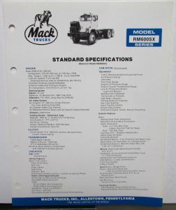1988 Mack Trucks Model RM600SX Standard Specifications Sheet Original
