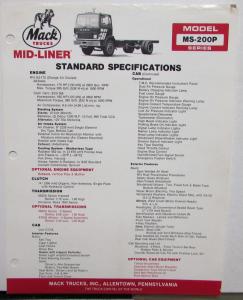 1988 Mack Trucks Model MS 200P Standard Specifications Sheet Original