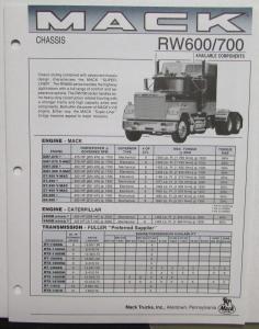1992 Mack Trucks Chassis Model RW600 700 Sales Brochure Folder Original