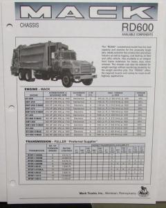 1992 Mack Trucks Chassis RD600 Sales Brochure Folder Origianl