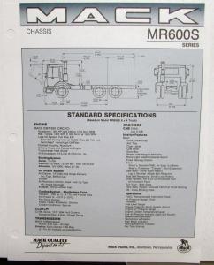 1991 Mack Trucks Chassis Model MR600S Sales Sheet Original