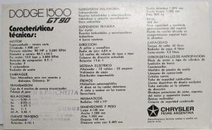 1974 Dodge 1500 GT90 Small Spec Sheet - Argentine Market