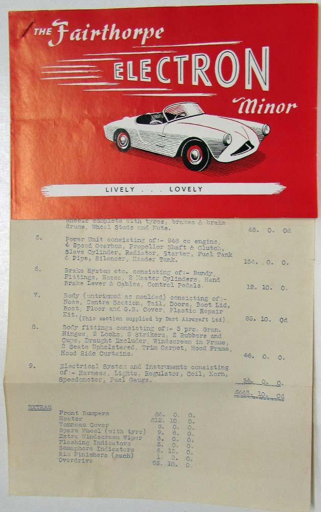 1958-1959 Fairthorpe Electron Minor Spec Folder and Price Sheet - UK