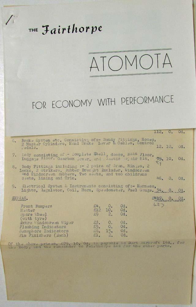 1958-1959 Fairthorpe Atomota Spec Folder and Price Sheet - UK