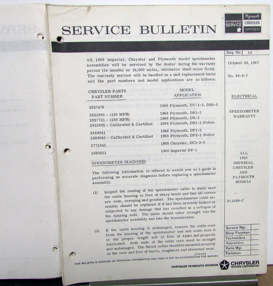 1968 Chrysler Plymouth Dealer Technical Service Bulletins Set Repair