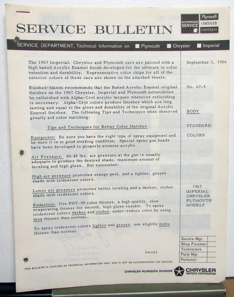 1967 Chrysler Plymouth Dealer Technical Service Bulletin Paint Colors Tips