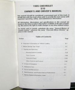 1985 Chevrolet Truck S10 Pickup Owners Manual