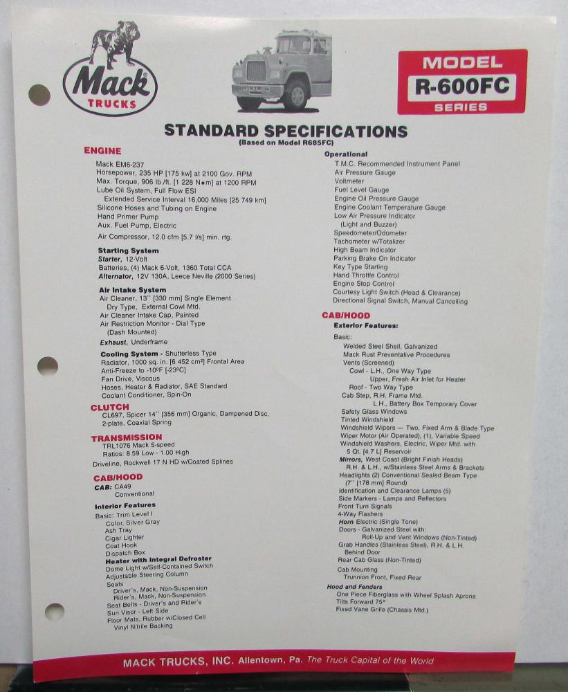 1986 Mack Trucks R 600FC Dimensions Standard Specifications Sheet Original