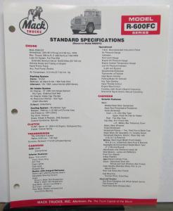 1986 Mack Trucks R 600FC Dimensions Standard Specifications Sheet Original