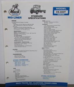 1985 Mack Trucks Model CS 300T Dimensions Standard Specifications Sheet Original