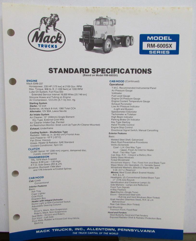 1985 Mack Trucks Model RM 600SX Dimensions Standard Specifications Sheet Orig