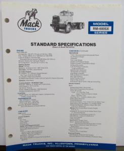 1985 Mack Trucks Model RM 600SX Dimensions Standard Specifications Sheet Orig